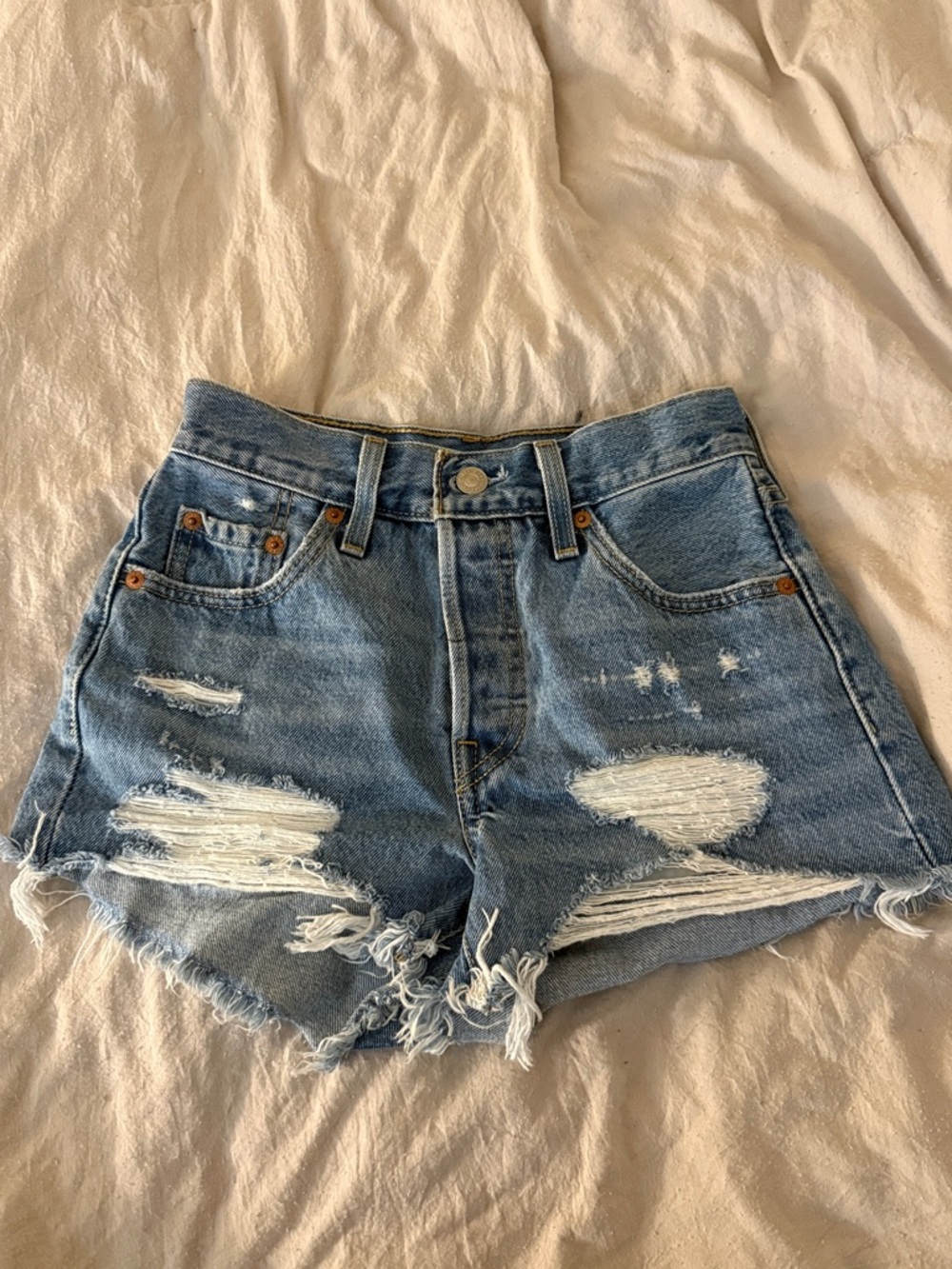 Levi's Medium Blue Distressed High-Rise Denim Shorts